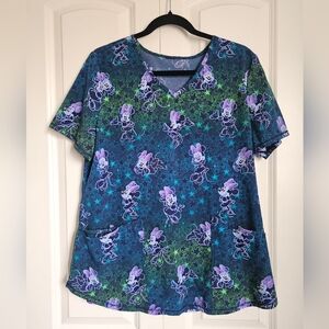 Disney Scrub Top Purple Green Minnie Print Sz M